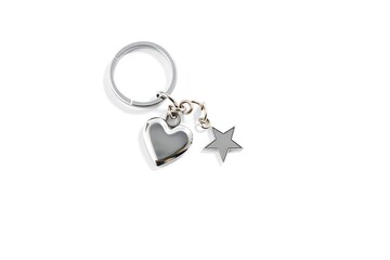 Shiny silver keychain featuring star and heart charms. Minimalist pendant design with stylish details, modern jewelry accessory isolated on white background. Elegant, trendy, decorative, practical.