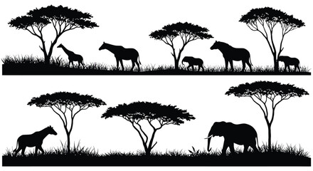 african savanna scene with elephants giraffes and acacia trees
