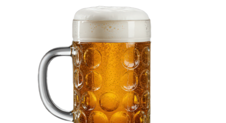 Full mug of light beer with foam isolated on transparent background, a refreshing and alcoholic beverage