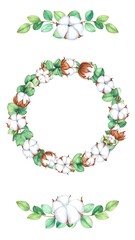 Watercolor cotton wreath with leaves
