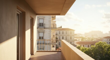 Balcony overlooking a city at sunrise.  Soft light bathes the scene