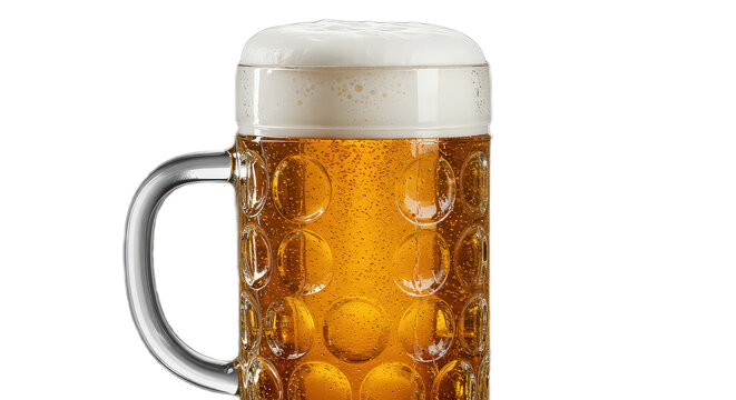 Full mug of light beer with foam isolated on transparent background, a refreshing and alcoholic beverage
