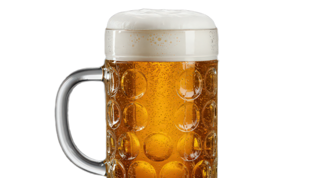 Full mug of light beer with foam isolated on transparent background, a refreshing and alcoholic beverage