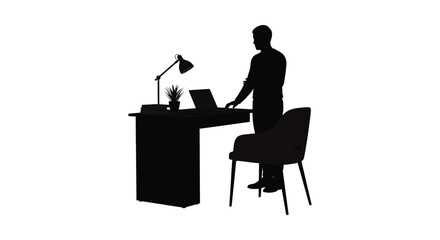 a person working at desk with lamp and plant silhouette