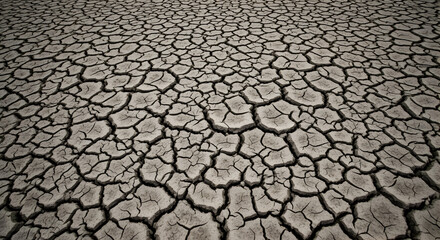 Parched Earth: Deep Fissures in Dry, Cracked Soil Illustrate Severe Drought, Desertification, and Environmental Impact of Water Scarcity and Climat...
