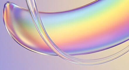 Abstract 3D rendering of a rainbow glass ribbon. A futuristic and vibrant design element. A transparent, flowing shape with a full-spectrum iridescent effect on a pastel background.
