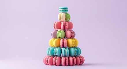 Colorful macarons stacked in a tower on a pastel purple background creating a visually appealing and sweet confectionery display