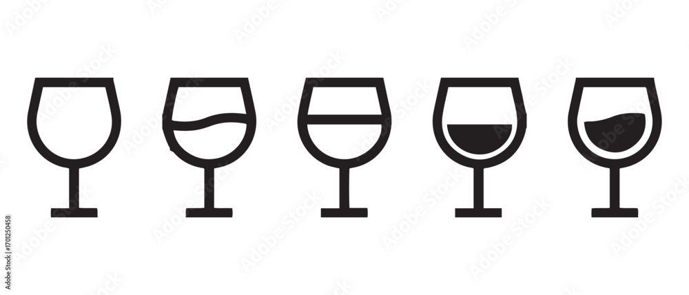 Poster wine glass icon set. isolated on white background with different level of wine.