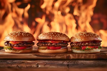 Three burgers on a wooden board, against a background of fire and flames, with studio lighting, high-resolution photography, insanely detailed