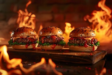 Three burgers on a wooden board, against a background of fire and flames, with studio lighting, high-resolution photography, insanely detailed
