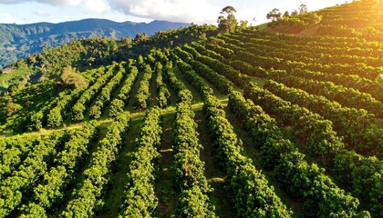 Fototapeta premium Aerial view of a lush, terraced hillside farm illuminated by golden sunlight, showcasing rows of green vegetation and mountain backdrop