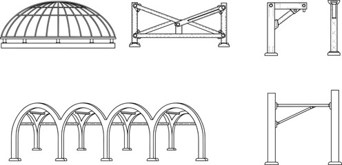 Architectural structural elements, dome, truss, support column, archway, construction detail illustration, engineering drawing, architecture components, technical sketch, black and white, CAD line art