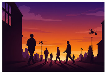 Naklejka premium Silhouetted figures walk through a city street at sunset with dramatic orange and purple sky