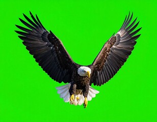 Obraz premium A majestic bald eagle in full flight with wings spread wide, isolated on a vibrant green screen background for chroma keying.