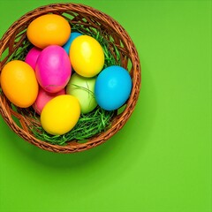 A rustic wicker basket filled with a variety of fresh, farm-fresh eggs in shades of white, brown, and speckled, resting on a wooden table.