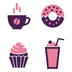 A set of four icons depicting coffee, donut, cupcake, and milkshake, all in pink and purple color scheme.