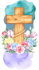 Watercolor cross with flowers