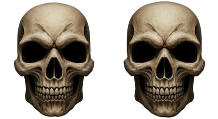 Fototapeta premium Two human skulls isolated on transparent background, symbolizing mortality, anatomy, and the eerie aspects of life