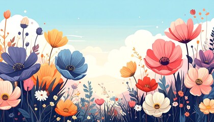 A vibrant floral display bursts forth in a field of colorful flowers against a soft pastel sky filled with clouds.