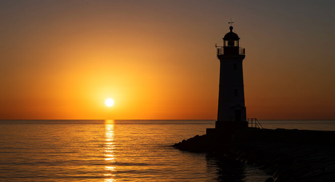 Sunset Lighthouse on Rocky Pier &ndash; Tranquil Coastal Scene with Golden Reflections