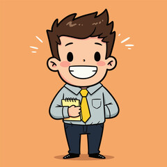 Smiling cartoon boy with spiky hair, blue shirt, yellow tie, holding notebook on orange background.
