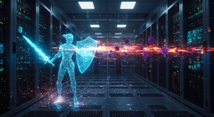 Glowing digital warrior providing network security and data protection against cyber threats in a server room
