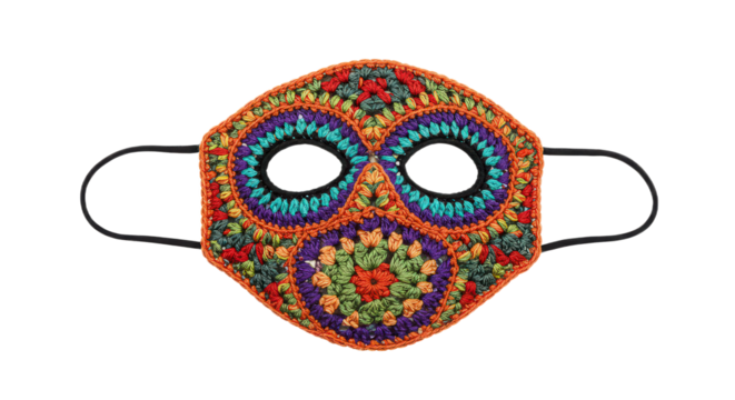 Vibrant and intricate crochet face mask isolated on transparent background, blending fashion with protection