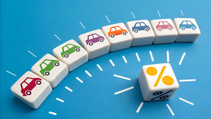 Curved row of white blocks with multicolored car icons and standout percentage symbol block on blue background – Conceptual metaphor for automotive data, market segmentation, and financial analysis 