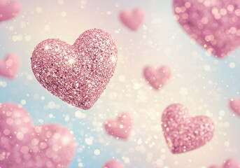 Obraz premium Beautiful pink glitter hearts floating in dreamy bokeh light for romantic Valentine's designs