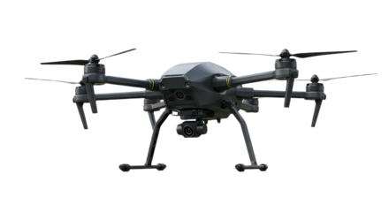 Drone isolated on transparent background, unmanned aerial vehicle with camera for aerial photography and videography