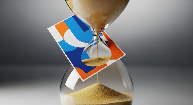 Hourglass with sand falling and a colorful geometric card symbolizing time management and deadlines