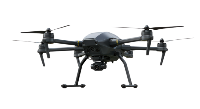 Drone isolated on transparent background, unmanned aerial vehicle with camera for aerial photography and videography
