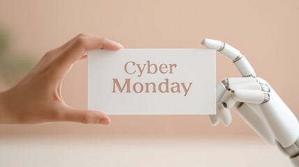A human hand and a robotic hand hold a white card with the words "Cyber Monday" against a soft neutral background. The futuristic concept highlights e-commerce, technology and holiday shopping sales