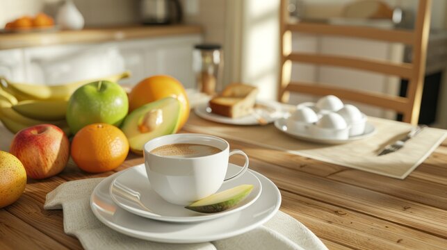 Bright Morning Breakfast Table with Fresh Fruit Coffee and Eggs in Cozy Kitchen Setting