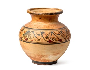 Ornate, earthenware vase with intricate painted designs, displaying a rich, warm color palette against a simple white background.