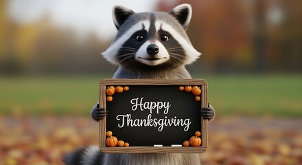 Adorable raccoon holding a happy thanksgiving sign decorated with pumpkins in a festive autumn outdoor setting