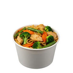 Chicken and vegetable noodles in a white cup isolated on transparent background