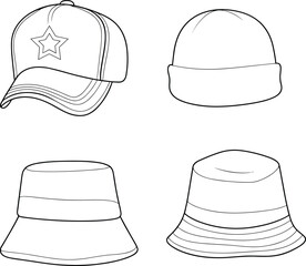 Cap, beanie, bucket hat, fashion accessory illustration, outline drawing, headwear design, stylish casual hats, cad drawing flat vector illustration