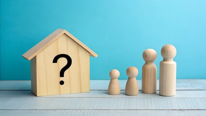 Wooden house with question mark beside peg family figures on green surface and blue background – Conceptual metaphor for housing uncertainty, family decision-making, and residential planning, business