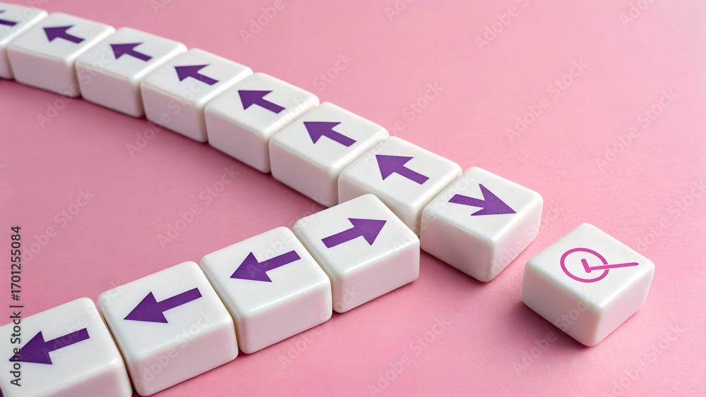 Aufkleber curved line of white blocks with purple left arrows and one circular right arrow block on pink backg