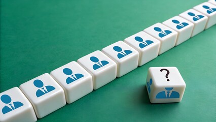 Row of white cubes with blue employee icons and one cube with question mark on green background – Conceptual metaphor for recruitment, selection uncertainty, and decision-making in human resources