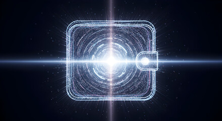Futuristic Digital Wallet with Bright Central Glow and Particle Trails, Symbolizing Secure Online Transactions, Cryptocurrency, and Blockchain Tech...