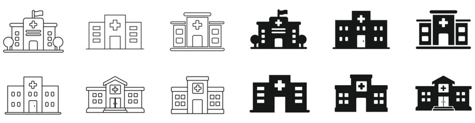Modern hospital icon collection showcasing medical buildings in colored and outline styles. Includes health care, clinic, emergency, patient care, doctor, nurse, and wellness facility illustrations.
