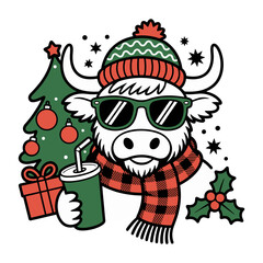 Cool Christmas Highland Cow with Drink Illustration