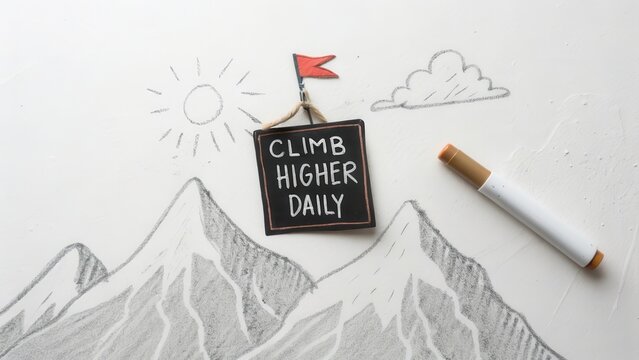 Inspirational Quote on Climbing Higher with Mountains and Sky