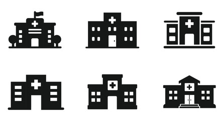 Black vector silhouette set featuring hospitals, clinics, ambulances, doctors, skyscrapers, and urban buildings. Perfect for medical, cityscape, architecture, emergency, and healthcare illustration.