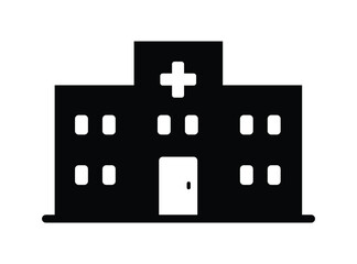 Black hospital building stencil icon silhouette with cross symbol on the roof, representing healthcare, emergency, clinic, doctor services, medical facility architecture, and public health care.