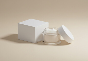 Luxurious skincare cream jar and clean white cube for product display and branding