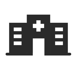 Black hospital building stencil icon silhouette with cross symbol on the roof, representing healthcare, emergency, clinic, doctor services, medical facility architecture, and public health care.
