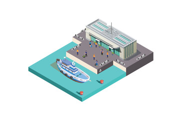 isometric port with sea transportation isolated on white background